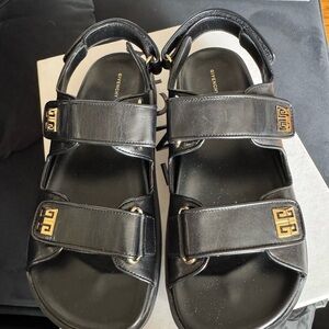 Givenchy Black Leather Velcro Strap Sandals with Gold Accents